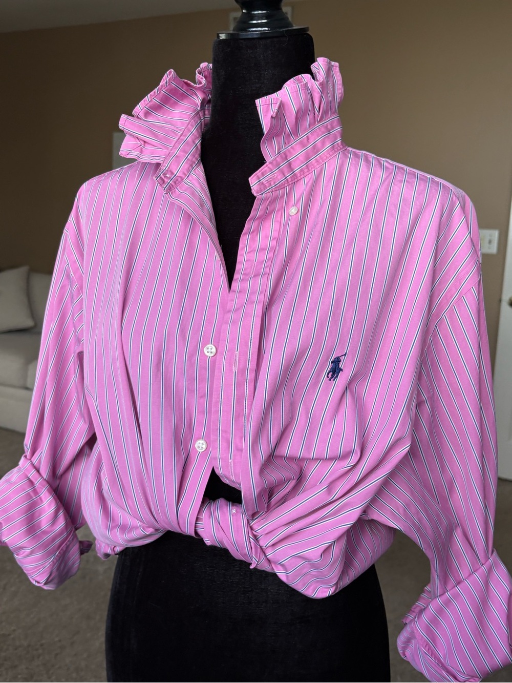 Reworked Ralph Lauren pink and blue pinstripe ruffle collar cotton size L/XL